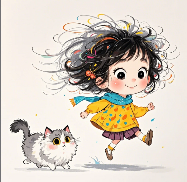 Paint by Numbers：Joyful Chase Running Under the Sunlight, a Lively Little Girl and Her Fluffy Cat Friend Running Happily Under the Sun, Hair and Tail Flying High DIY Paint by Numbers Kit