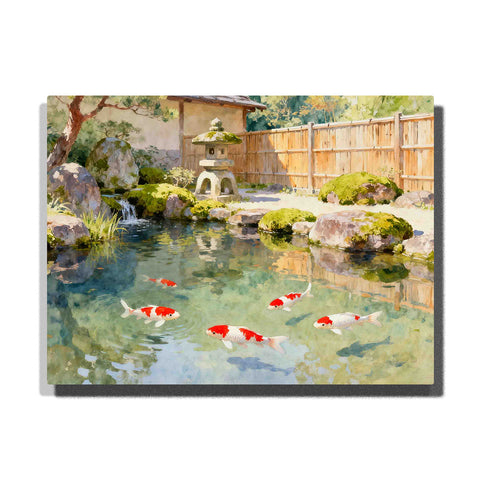Japanese Garden Landscape Paint by Numbers For Adults featuring five red and white koi fish swimming in a clear pond with mossy rocks, stone lantern and bamboo fence