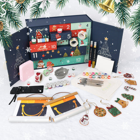 Christmas DIY surprise craft box paint by numbers kit featuring blue-green themed holiday materials including door couplets, Christmas calendar panels, nutcracker style designs, gingerbread ornaments, stockings, stickers, paints, brushes, and festive DIY craft accessories arranged as a complete seasonal Christmas set.