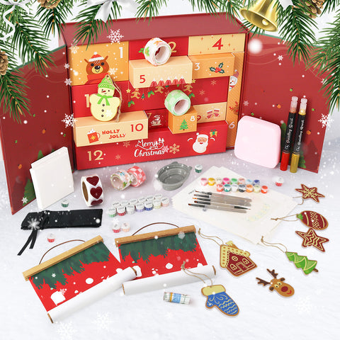 Christmas DIY craft surprise box paint by numbers kit featuring festive holiday materials including door couplets, hanging decorations, nutcracker style designs, Christmas stickers, paints, brushes, ornaments, and seasonal craft accessories arranged in a complete red themed Christmas gift box set.