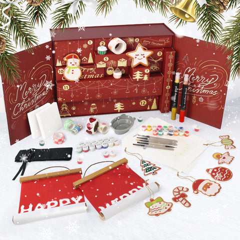 Christmas surprise gifts box paint by numbers craft kit featuring random festive DIY supplies including mini canvases, Christmas ornaments, linen banners, paints, brushes, stickers, holiday decorations, and creative accessories.