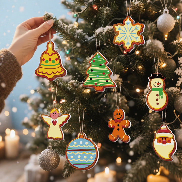 Christmas gingerbread style paint by numbers ornaments set (8 in) including snowflake, snowman, bell, gingerbread man, angel, bauble, tree and Santa with supplies — PaintEasy Beginner Friendly - Easy & Fast Paint by Numbers artwork