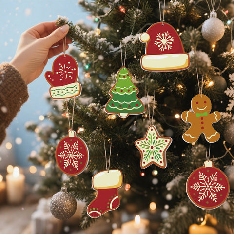 Christmas gingerbread style paint by numbers ornaments set (8 in) including mitten, gingerbread man, Santa hat, star, bell, stocking, tree and bauble with supplies — PaintEasy Beginner Friendly - Easy & Fast Paint by Numbers artwork