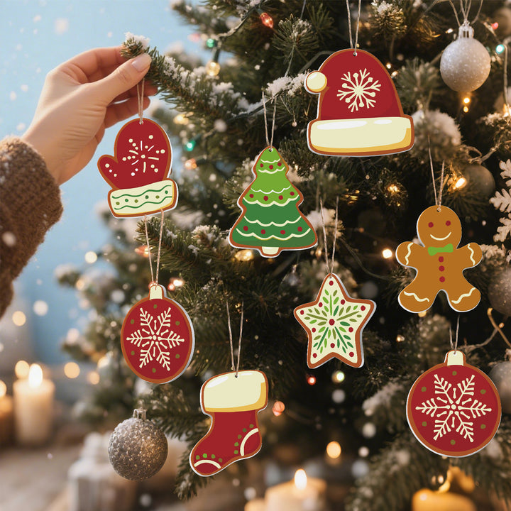 Christmas gingerbread style paint by numbers ornaments set (8 in) including mitten, gingerbread man, Santa hat, star, bell, stocking, tree and bauble with supplies — PaintEasy Beginner Friendly - Easy & Fast Paint by Numbers artwork