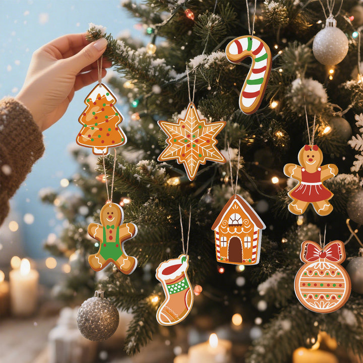Christmas gingerbread style paint by numbers ornaments set (8 in) including tree, stocking, candy cane, house, gingerbread man, gingerbread girl, snowflake and bauble with supplies — PaintEasy Beginner Friendly - Easy & Fast Paint by Numbers artwork