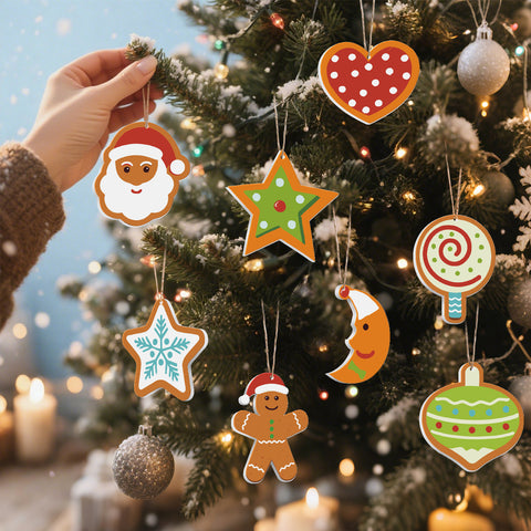 Christmas gingerbread style paint by numbers ornaments set (8 in) including Santa, gingerbread man, heart, moon, snowflake star, lollipop, star and bauble with supplies — PaintEasy Beginner Friendly - Easy & Fast Paint by Numbers artwork