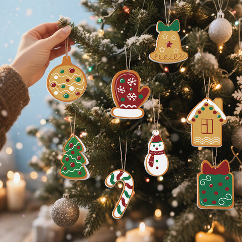 Christmas gingerbread style paint by numbers ornaments set (8 in) including bauble, candy cane, bell, snowman, tree, house, mitten and gift box with supplies — PaintEasy Beginner Friendly - Easy & Fast Paint by Numbers artwork