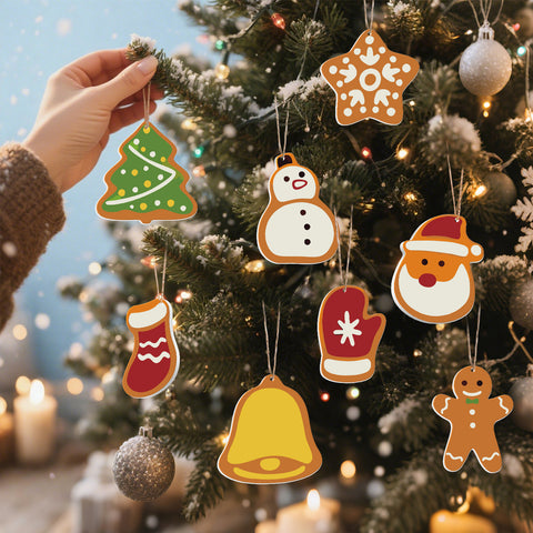Christmas gingerbread style paint by numbers ornaments set (8 in) including tree, bell, snowflake, mitten, stocking, Santa, snowman and gingerbread man with supplies — PaintEasy Beginner Friendly - Easy & Fast Paint by Numbers artwork