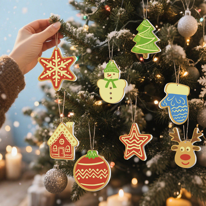 Christmas gingerbread style paint by numbers ornaments set (8 in) including tree, mitten, snowflake, star, house, bauble, snowman and reindeer with supplies — PaintEasy Beginner Friendly - Easy & Fast Paint by Numbers artwork