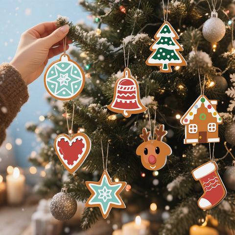 Christmas gingerbread style paint by numbers ornaments set (8 in) including bauble, house, tree, reindeer, heart, star, bell and stocking with supplies — PaintEasy Beginner Friendly - Easy & Fast Paint by Numbers artwork
