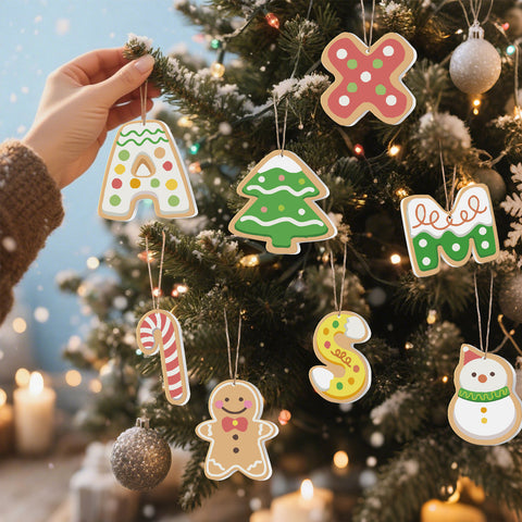 Christmas gingerbread style paint by numbers ornaments set (8 in) including XMAS letters, candy cane, gingerbread man, tree and snowman with supplies — PaintEasy Beginner Friendly - Easy & Fast Paint by Numbers artwork