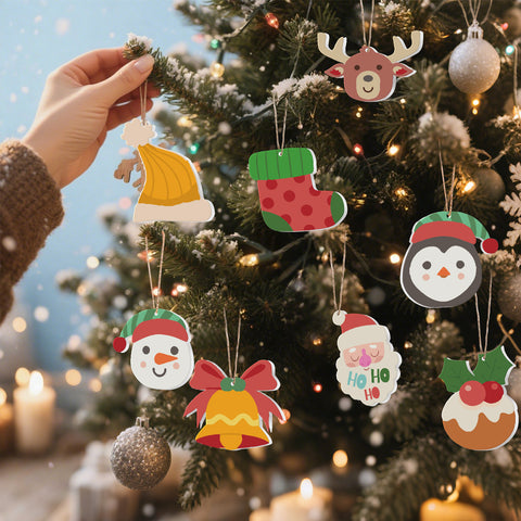 Christmas paint by numbers ornaments set (8 in) including reindeer, penguin, hat, Santa, snowman, bell, stocking and pudding with supplies — PaintEasy Beginner Friendly - Easy & Fast Paint by Numbers artwork