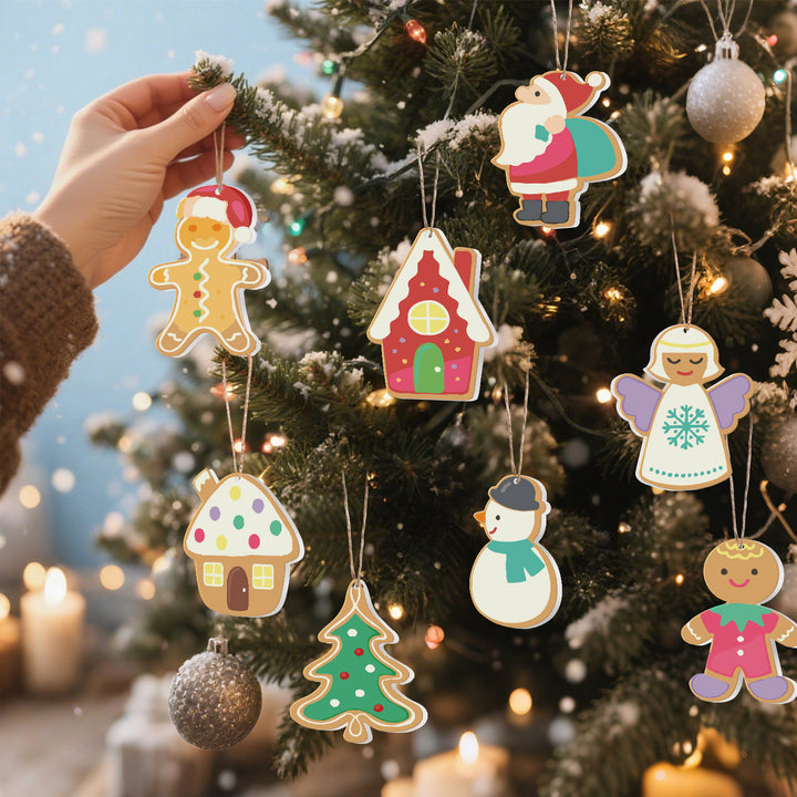 Christmas gingerbread style paint by numbers ornaments set (8 in) including Santa, angel, gingerbread man, snowman, house, tree and gingerbread boy with supplies — PaintEasy Beginner Friendly - Easy & Fast Paint by Numbers artwork