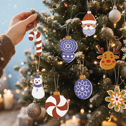 Christmas paint by numbers ornaments set (8 in) including Santa, reindeer, candy cane, bauble, snowman, peppermint, purple bauble and snowflake with supplies — PaintEasy Beginner Friendly - Easy & Fast Paint by Numbers artwork