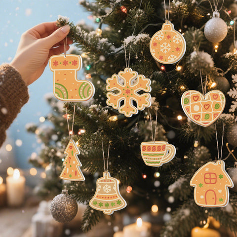Christmas gingerbread style paint by numbers ornaments set (8 in) including bauble, heart, stocking, cup, tree, bell, snowflake and house with supplies — PaintEasy Beginner Friendly - Easy & Fast Paint by Numbers artwork