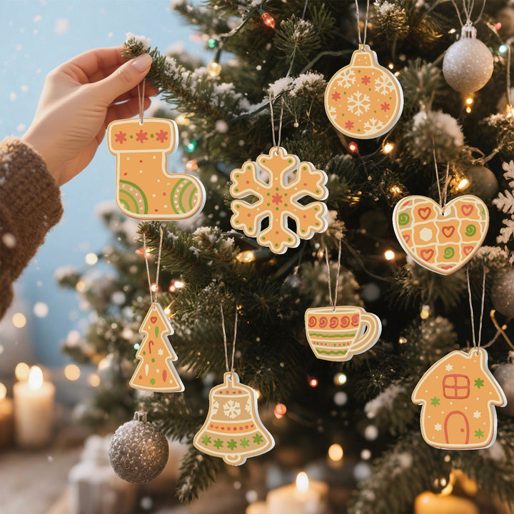 Christmas gingerbread style paint by numbers ornaments set (8 in) including bauble, heart, stocking, cup, tree, bell, snowflake and house with supplies — PaintEasy Beginner Friendly - Easy & Fast Paint by Numbers artwork