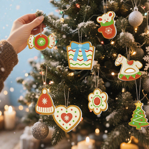 Christmas cookie style paint by numbers ornaments set (8 in) including mitten, rocking horse, candy, flower, hat, heart, gift box and tree with supplies — PaintEasy Beginner Friendly - Easy & Fast Paint by Numbers artwork