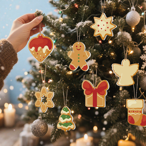 Christmas gingerbread style paint by numbers ornaments set (8 in) including star, angel, strawberry, Christmas tree, flower, gift box, gingerbread man and stocking with paints, brushes and hanging ropes — PaintEasy Beginner Friendly - Easy & Fast Paint by Numbers artwork