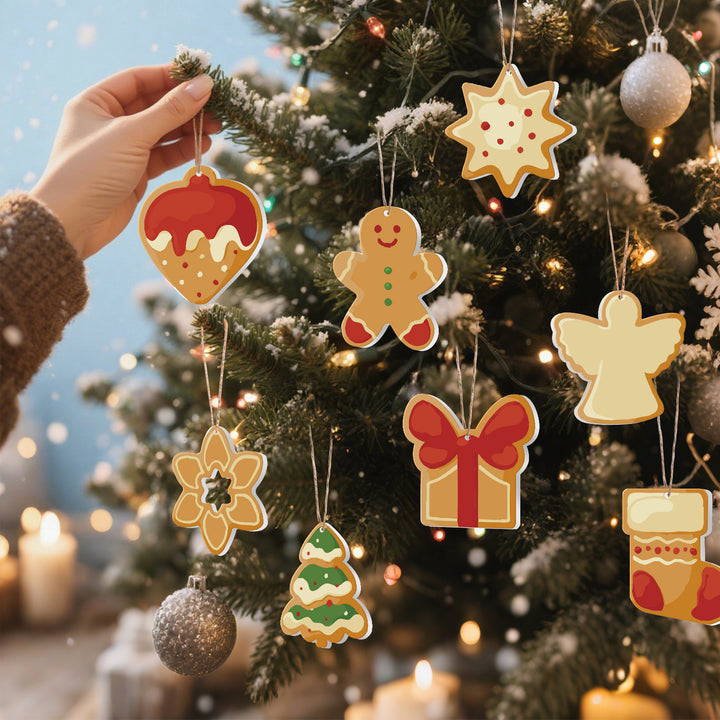 Christmas gingerbread style paint by numbers ornaments set (8 in) including star, angel, strawberry, Christmas tree, flower, gift box, gingerbread man and stocking with paints, brushes and hanging ropes — PaintEasy Beginner Friendly - Easy & Fast Paint by Numbers artwork