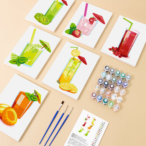 Six mini paint by numbers canvases arranged in a set, each featuring a vibrant citrus summer drink illustration including lemon spritz, kiwi lime cooler, strawberry lemonade, orange soda, berry punch, and tropical juice. Each artwork uses a clean flat illustration style with bright translucent colors, simplified glass shapes, and fresh fruit garnishes such as lemon slices, mint leaves, and berries.