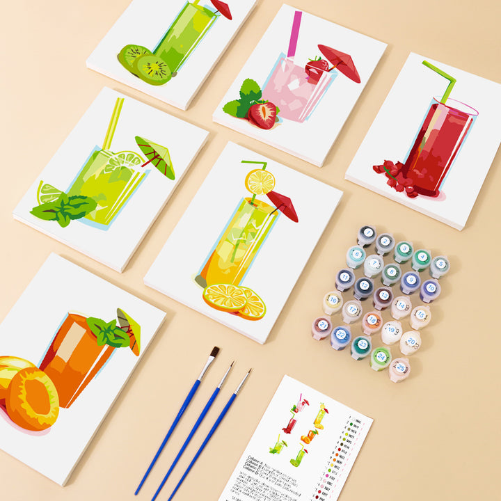 Six mini paint by numbers canvases arranged in a set, each featuring a vibrant citrus summer drink illustration including lemon spritz, kiwi lime cooler, strawberry lemonade, orange soda, berry punch, and tropical juice. Each artwork uses a clean flat illustration style with bright translucent colors, simplified glass shapes, and fresh fruit garnishes such as lemon slices, mint leaves, and berries.