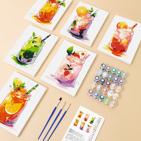 Six mini paint by numbers canvases arranged in a set, each featuring a vibrant mason jar drink illustration including citrus soda, strawberry lemonade, green mint cooler, orange fruit punch, peach iced drink, and berry mixed juice. Each artwork uses a bold flat illustration style with simplified jar shapes, bright translucent colors, and fruit garnishes such as citrus slices, mint leaves, and berries in a refreshing summer drink theme.