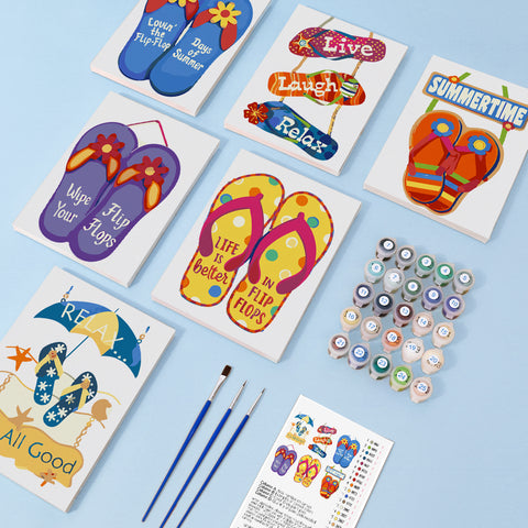 Six mini paint by numbers canvases arranged in a set, each featuring a summer-themed flip flop poster design with colorful sandals, beach slogans like “Live,” “Laugh,” and “Relax,” and typography-based messages such as “Summer Time” and “Life is Better in Flip Flops,” all in a bold flat illustration style with bright colors and simple graphic shapes.