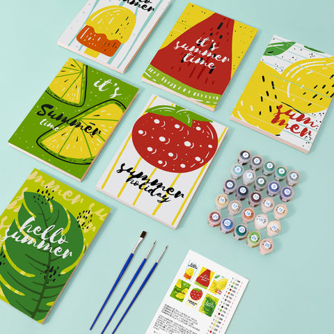 Six mini paint by numbers canvases arranged in a set, each featuring vibrant summer fruit themed illustrations including watermelon, lemon, lime, strawberry, mango, and citrus designs, combined with bold typography phrases such as “it’s summer time” and “hello summer,” all in a flat poster style with bright colors and simple graphic shapes.