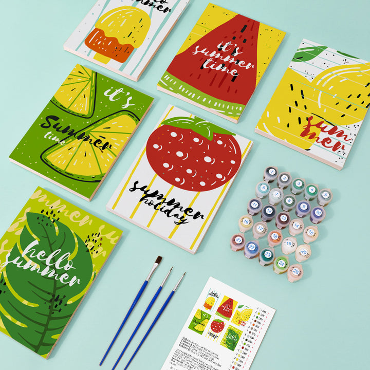 Six mini paint by numbers canvases arranged in a set, each featuring vibrant summer fruit themed illustrations including watermelon, lemon, lime, strawberry, mango, and citrus designs, combined with bold typography phrases such as “it’s summer time” and “hello summer,” all in a flat poster style with bright colors and simple graphic shapes.