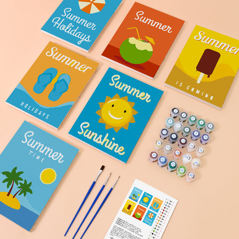 Six mini paint by numbers canvases arranged in a set, each featuring a summer-themed poster design including sunshine face, beach scene, coconut drink, popsicle, flip-flops, and “Summer Holidays” typography, all in a bold flat illustration style with bright colors and simple shapes.