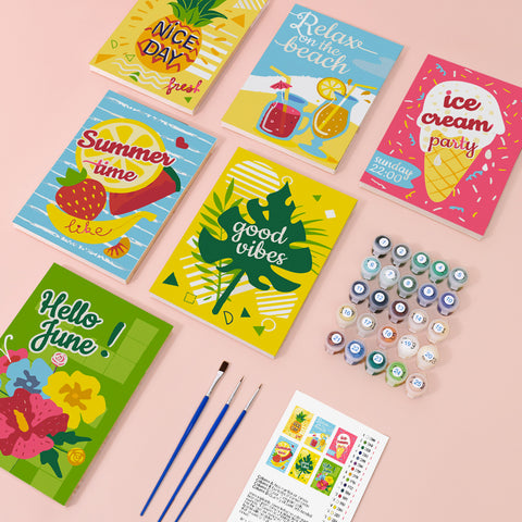 Six mini paint by numbers canvases arranged in a set, each featuring a summer-themed motivational poster design including phrases like Nice Day, Relax on the Beach, Ice Cream Party, Summer Time, Good Vibes, and Hello June, all designed in a bold flat illustration style with bright colors, simple shapes, and typography-based graphics.