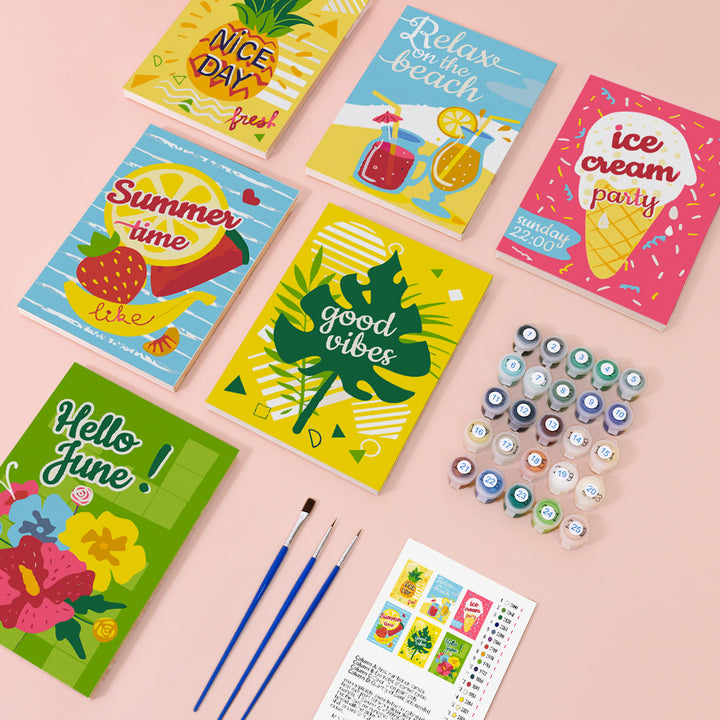 Six mini paint by numbers canvases arranged in a set, each featuring a summer-themed motivational poster design including phrases like Nice Day, Relax on the Beach, Ice Cream Party, Summer Time, Good Vibes, and Hello June, all designed in a bold flat illustration style with bright colors, simple shapes, and typography-based graphics.