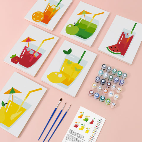 Six mini paint by numbers canvases arranged in a set, each featuring a refreshing tropical drink illustration including orange citrus drink, green apple cooler, strawberry fruit punch, watermelon juice, pineapple drink, and lemon soda, all designed in a clean flat illustration style with bright colors, simplified glass shapes, fruit slices, and tropical decorations such as straws and umbrellas.