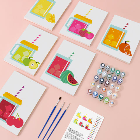 Six mini paint by numbers canvases arranged in a set, each featuring a colorful mason jar juice illustration including lemon citrus juice, strawberry juice, watermelon juice, orange juice, green apple juice, and mixed fruit juice, all designed in a clean flat illustration style with bold colors, simplified jar shapes, straws, and fruit decorations.