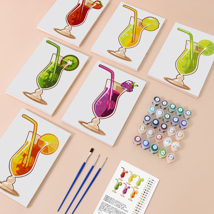 Six mini paint by numbers canvases arranged in a set, each featuring a fresh-squeezed juice cocktail illustration including orange citrus juice, lime mint cooler, strawberry juice, kiwi drink, berry punch, and tropical fruit juice, all designed in a clean flat illustration style with bright translucent colors and fruit garnishes.