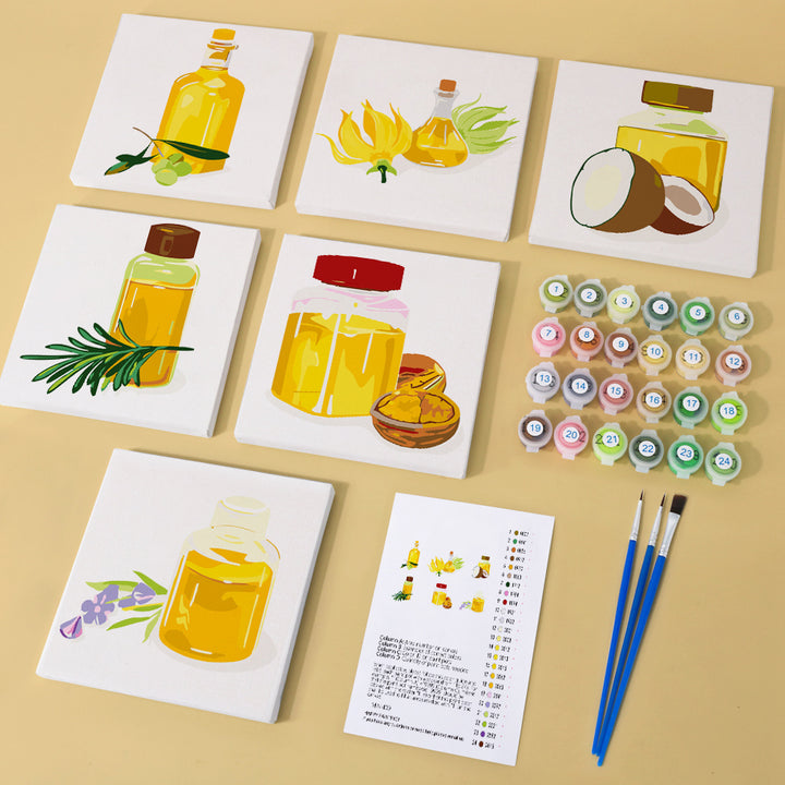 Six mini paint by numbers canvases featuring plant oil bottle illustrations, including olive oil, golden cooking oil, herb-infused oil, and botanical kitchen oil designs. Each artwork uses a simple flat illustration style with warm tones, clean bottle shapes, and minimal herbal details.