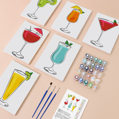 Six mini paint by numbers canvases featuring colorful alcohol drink illustrations, including green citrus cocktail, orange tropical drink, red berry cocktail, blue mixed drink, yellow sparkling beverage, and pink fruit alcohol drink. Each artwork uses a flat illustration style with soft shading, smooth gradients, and hand-painted texture, forming a cohesive mini set.