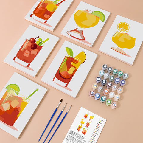 Six mini paint by numbers canvases featuring colorful cocktail and citrus drink illustrations, including orange cocktail, berry red cocktail, mint lime cooler, yellow soda, lime drink, and tropical fruit beverage. Each design uses simplified glass shapes, bold color blocks, and clean geometric styling to create a modern, refreshing drink collection.