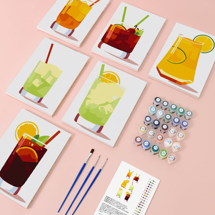 Six mini paint by numbers canvases arranged in a structured icon-style drink set, featuring simplified geometric glass shapes such as citrus juice, iced tea, and cocktail beverages. Each design uses flat color blocks and minimal detail, creating a clean and modern graphic illustration style rather than a detailed painting.