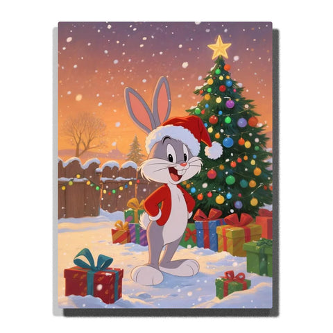Bugs Bunny Christmas Paint by Numbers For Adults featuring gray cartoon rabbit wearing Santa hat and red jacket beside decorated Christmas tree, colorful gifts and falling snow
