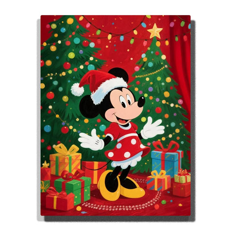 Disney Paint by Numbers For Adults featuring Minnie Mouse in Santa hat and red polka dot dress surrounded by decorated Christmas trees, colorful lights and wrapped gifts