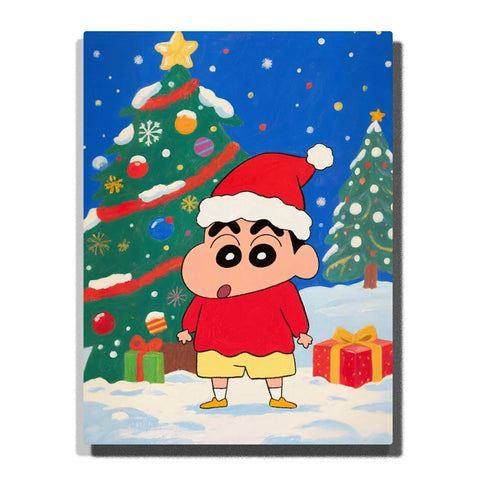 Shin Chan Christmas Paint by Numbers For Beginners featuring cartoon character in Santa hat with decorated Christmas trees, colorful gifts and falling snow