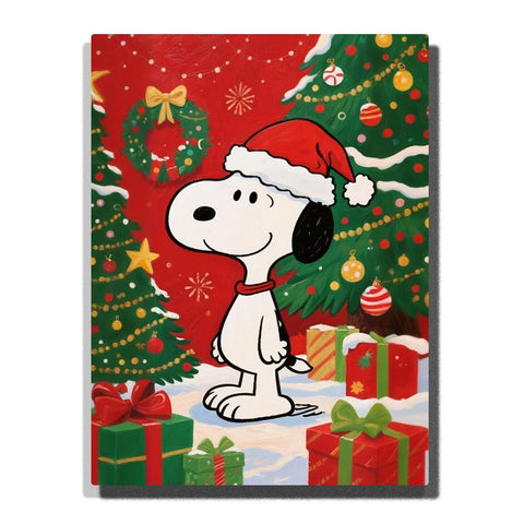 Snoopy Christmas Paint by Numbers For Adults featuring Snoopy wearing Santa hat surrounded by decorated Christmas trees, wreath, colorful gifts and snowy ground