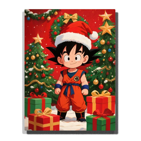 Goku Super Saiyan Blue Paint by Numbers For Beginners featuring Goku in Santa hat and orange outfit surrounded by decorated Christmas trees, golden stars and wrapped gifts