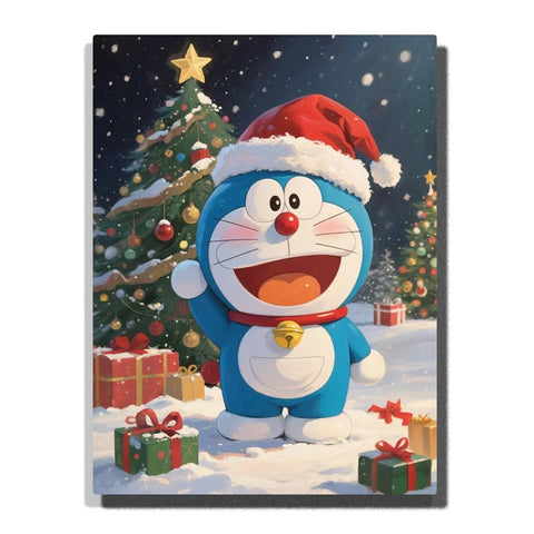 Anime Paint by Numbers For Beginners featuring Doraemon in a Santa hat surrounded by snowy Christmas trees, colorful ornaments, wrapped gifts and falling snow at night