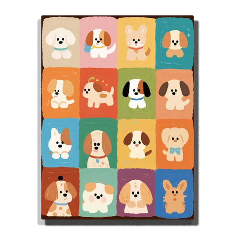 Cute Dogs Paint by Numbers For Beginners featuring 16 cartoon puppies with different markings, floppy ears and accessories arranged in a colorful grid of bright squares