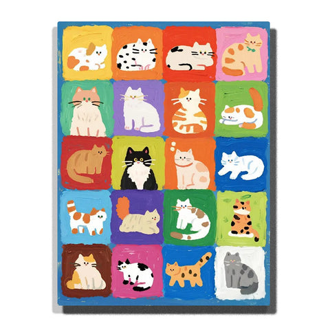 Cute Cats Paint by Numbers For Beginners featuring 20 cartoon cats with tabby calico black white orange and gray coats arranged in a bright colorful grid