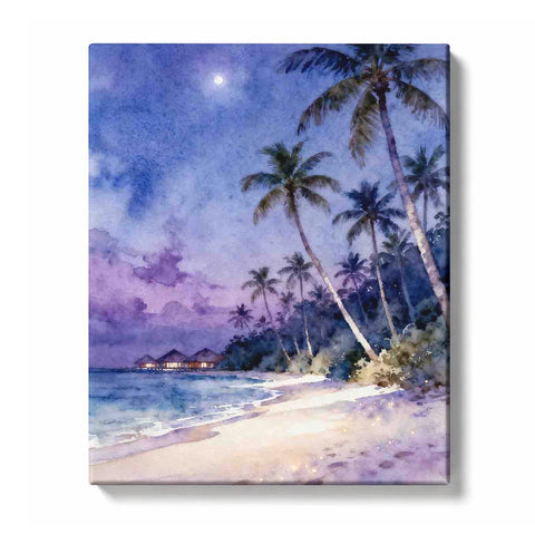 Moonlit Palm Beach with Purple Twilight Shoreline Paint by Numbers Kit for Adults