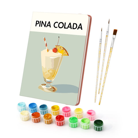 Tropical Piña Colada with pineapple slice and cherry Notebook Paint by Numbers Kit featuring a hurricane glass and yellow or pink cover options by PaintEasy