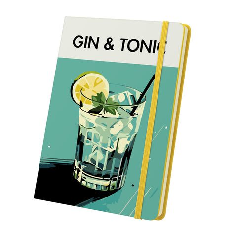 Classic gin and tonic with lemon slice, fresh herbs and ice Notebook Paint by Numbers Kit featuring a tumbler glass and yellow or pink cover options by PaintEasy